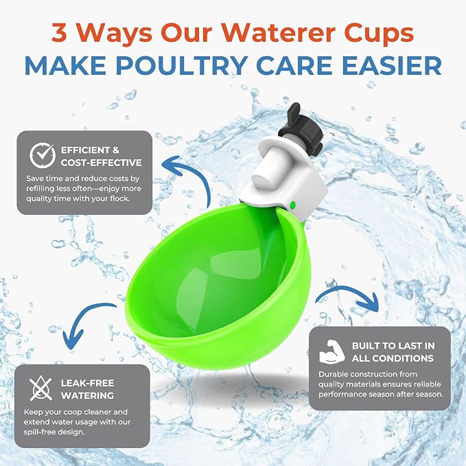 Lil'Clucker - Large Automatic Chicken Waterer Cups Suitable for Ducks, Geese, Turkeys, and Bunny Rabbit - Water Feeder Kit - Poultry Waterer (Green, 12 Pack)