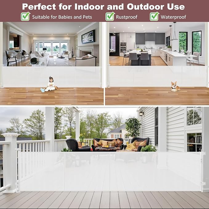 Reinforced 41" Tall Pet Gate 150" Extra Wide Retractable Dog Gate with Support Rods, Indoor Extra Long Baby Gates for Large Openings Outdoor Retractable Gate Baby Fence for Living Room, White