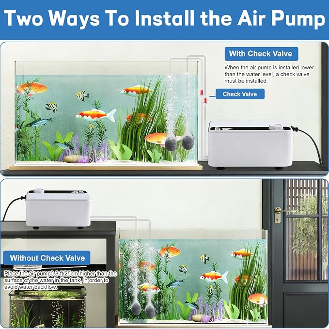 Aquarium Air Pump, Quiet Powerful Fish Tank Air Pump, Adjustable Fish Tank Bubbler with Air Stone, 2.3W/5.5W/8W Bubbler for Aquarium Fish Tank for Small Medium Large Fish Tank Up to 200 Gallon