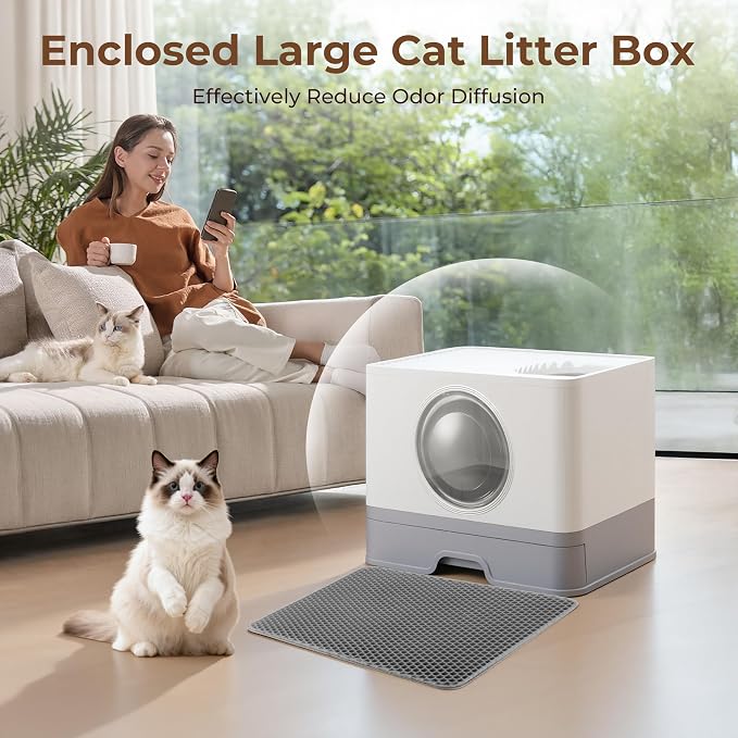 XXXL Stainless Steel Litter Box with Lid, Front Entry & Top Exit, Drawer Design, Scoop & Mat, for Maine Coon, Big & Multi-Cat Homes