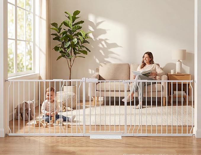 Extra Wide Baby Gate 86.3-105 Inch, Pressure Mounted Pet Gates No Drilling for Stairs & Doorways, Metal White Indoor Safety Gate for Kids and Dogs
