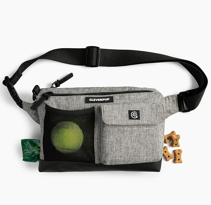 Cleverpup Walk & Train 2-in-1 Dog Walking Bag - Hands-Free Training Crossbody Sling & Fanny Pack with Treat Pouch, Poop Bag Holder, Phone Pockets - Adjustable Waist or Shoulder Strap - Heather Grey
