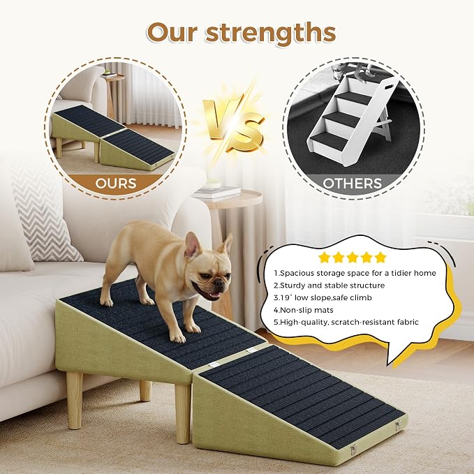 3-in-1 Dog Ramp Pet Stairs 18.9"x17.72"x19.29" with Hidden Storage Ottoman, Anti-Slip Steps for Small, Medium, Large, Senior & Injured Pets, 220LBS for Bed & Sofa, Green