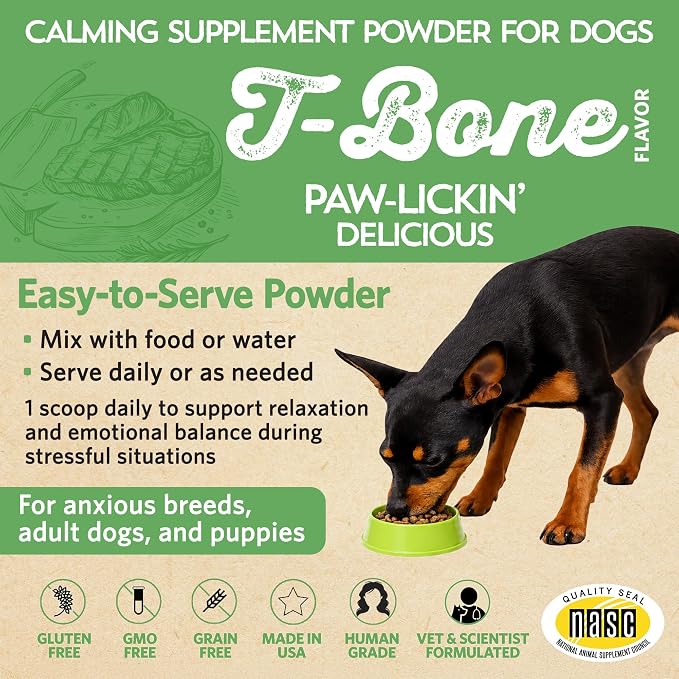 Fidobiotics Relaxin’ Rover Calming Supplement, Probiotics for Dogs with Valerian, Chamomile & GABA for Stress & Anxiety Relief, Tasty T-Bone Flavor 20 Servings