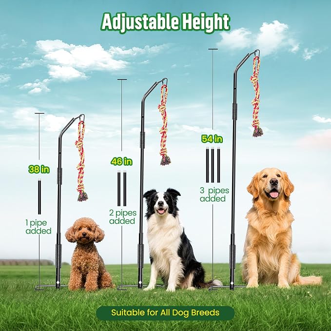 Tether Tug Outdoor Dog Rope Toy, Adjustment Height Upgraded Spring Pole, Includes 3 Chew Ropes, Interactive Tug of War Toy for Large Medium Small Dogs, Exercise Game in Yard, Lawn, Park