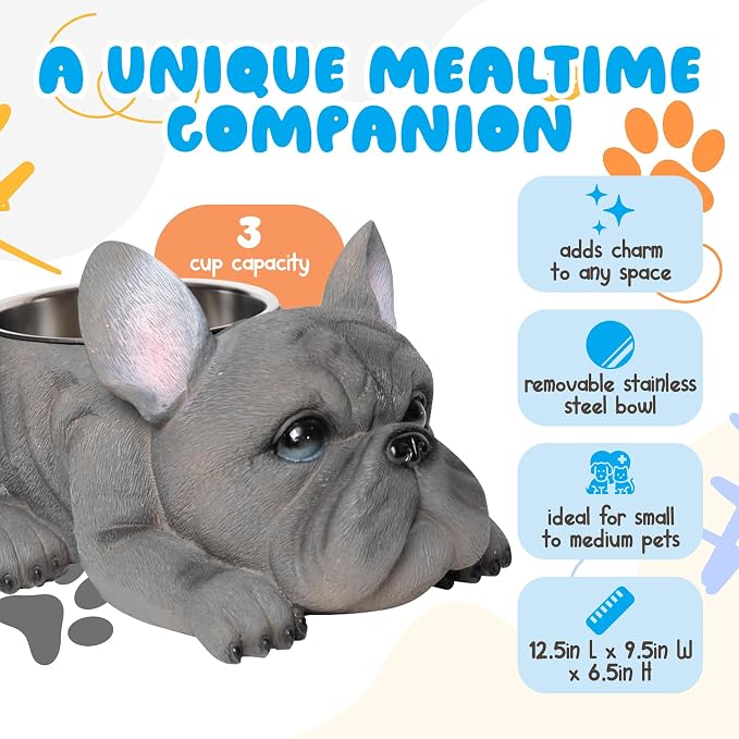 Forest & Twelfth Grey French Bulldog Resin Dog Food Bowl - Elevated Dog Bowl w/Stainless Steel Metal Bowl, Weather Resistant Pet Bowl Dog Dish, No Spill Dog Bowl for Indoor/Outdoor | 3 Cup Capacity