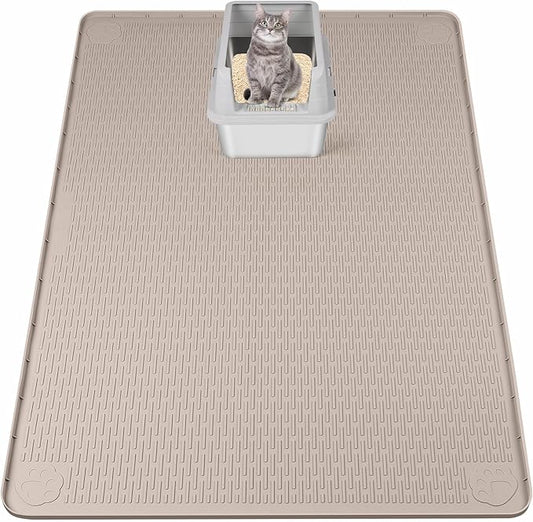 Cat Litter Mat, XXL Extra Large 50" x 35" Silicone Mat Litter Trapping Mat for Scatter Control, Soft on Kitty Paws, Easy to Clean (Khaki)