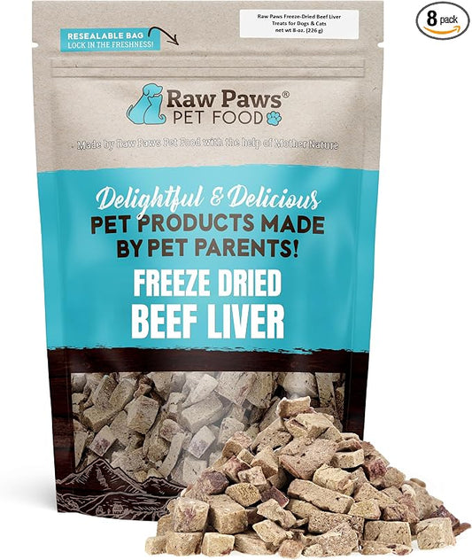 Raw Paws Freeze Dried Beef Liver Dog & Cat Treats (8-Ounce) - Made in USA - Small Liver Bites - Training & Diabetic Dog Treats