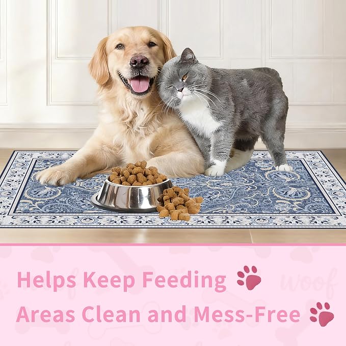 Blue Floral Pet Feeding Mat, Absorbent Dog/Cat Food Mat for Food and Water Bowl, Non-Slip Quick Dry Pet Placemat Floor Protector for Messy Drinkers(17 x 30 in)