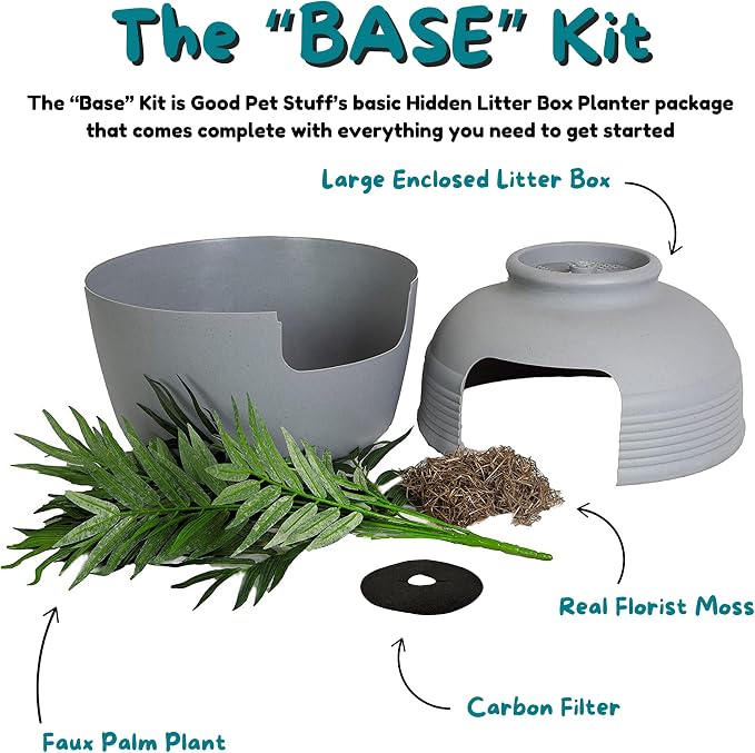 Good Pet Stuff Original Hidden Litter Box Planter, Decorative Cat Litter Enclosure, Carbon Filter, Faux Plant, Round Design, Easy to Clean, Base Kit, Palm Plant, Pebble Gray
