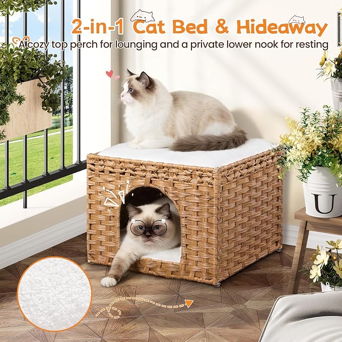 Snughome Handwoven Rattan Cat House - Indoor Foldable Cat Bed Cave with 2 Removable Bed Mats, Large Kitten House, Hideaway Pet Cube, 16.54 x 16.54 x 12.6 Inches, Natural, for Living Room & Bedroom