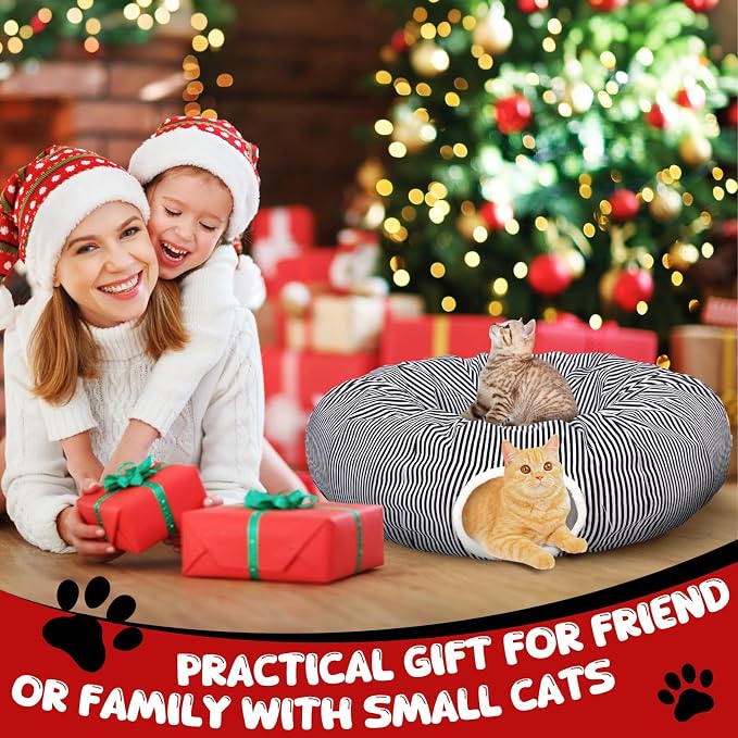 Soulchen Black and White Cat Tunnel Bed Under Christmas Tree 3ft x 3ft x 9.8in Detachable Donut Tunnel Sandworm 3-in-1 Indoor Cats Cave for Kitty Rabbit Ferret Puppy(Striped Black)