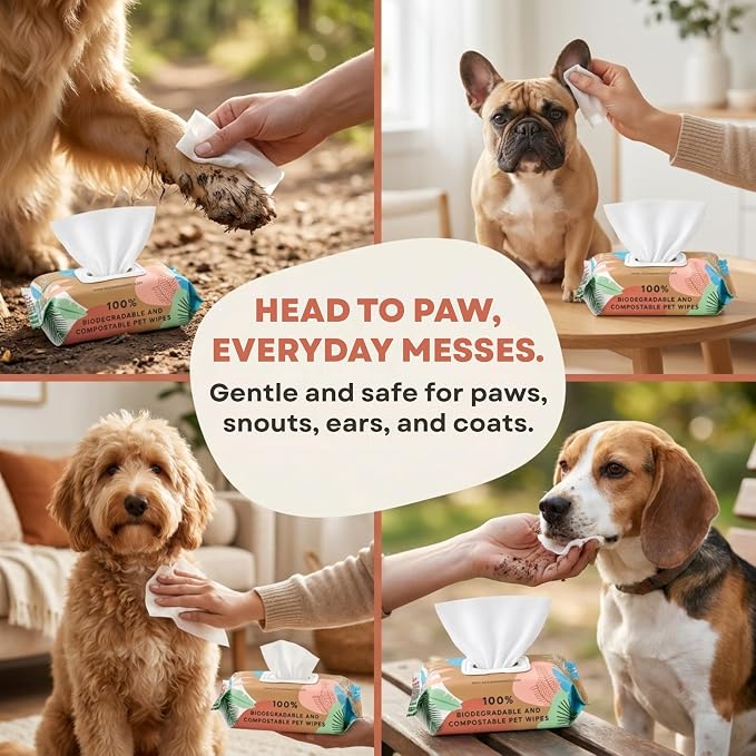 Eco Wave Hypoallergenic Plant-Based Pet Wipes, Dog and Cat Grooming Wipes for Face, Ears, Body, Butt, and Paws, Fragrance Free, Compostable, 100 Count