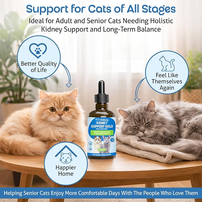 Pet Wellbeing Kidney Support Gold for Cats - Supports Normal Kidney Function & Detox, Healthy Hydration & Energy with Rehmannia & Dong Quai - NASC Certified & Vet-Formulated - 4 oz Liquid Formula