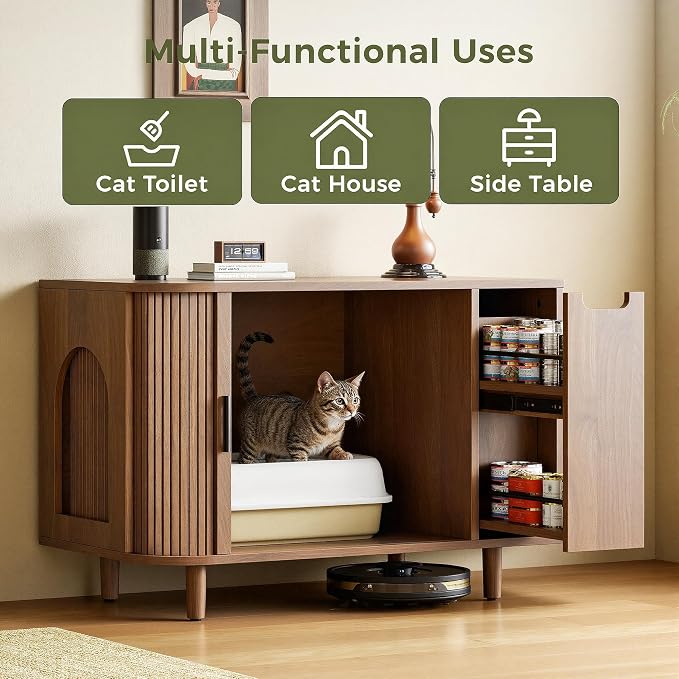 IRONCK Cat Litter Box Enclosure with Sliding Tambour Door – Wooden Hidden Cat House Furniture with 2-Layer Drawer, Side End Table for Living Room, Brown