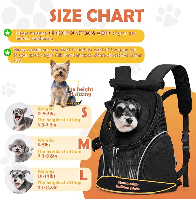 WOYYHO Pet Dog Carrier Backpack with Top and Side Windows, Small Dog Front Backpack Ventilated Mesh Dog Back Pack with Safety Belt for Travel Hiking Outdoor Adventures (Size M: 5-9 lbs, Black 2.0)
