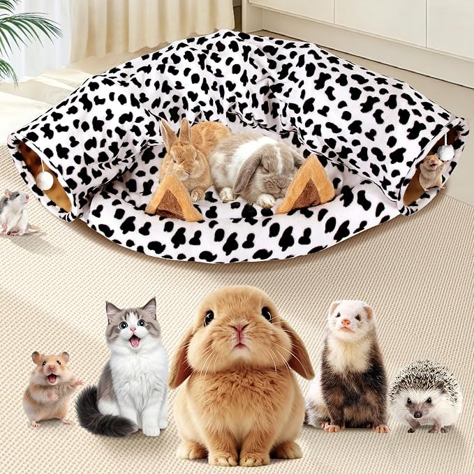 Spardar Bunny Tunnel Bed, 2-in-1 Collapsible Tunnel Tubes Toys, Washable, with Removable Mat Hideout, Interactive Toys for Rabbits Chinchilla Hedgehog Guinea Pigs Kitty, Cow