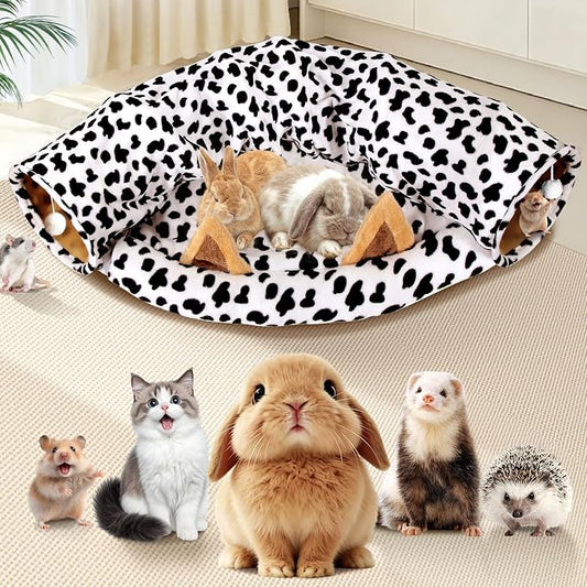 Spardar Bunny Tunnel Bed, 2-in-1 Collapsible Tunnel Tubes Toys, Washable, with Removable Mat Hideout, Interactive Toys for Rabbits Chinchilla Hedgehog Guinea Pigs Kitty, Cow