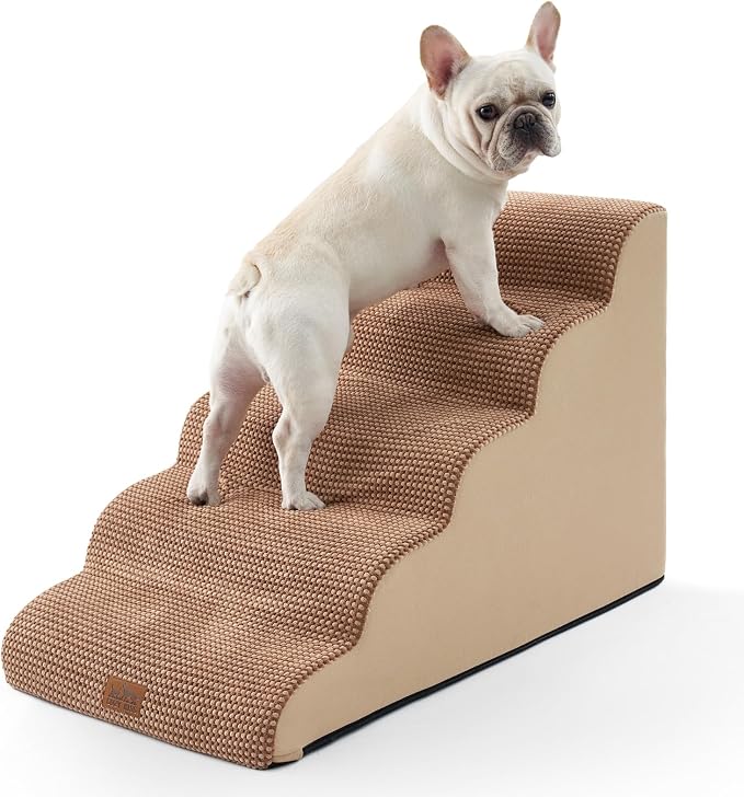 COZY KISS Extra Wide Dog Stairs 19.7" Width, Pet Step for Small/Medium/Large Dog, Puppy or Cat, Pet Ramp for High Bed or Car, High Density Foam Ladder, 19.7x33x22.4 in, Stable, 5 Step, Light Brown