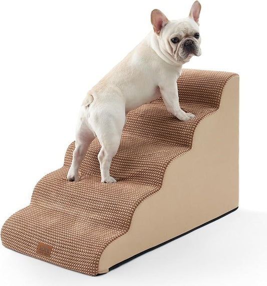 COZY KISS Extra Wide Dog Stairs 19.7" Width, Pet Step for Small/Medium/Large Dog, Puppy or Cat, Pet Ramp for High Bed or Car, High Density Foam Ladder, 19.7x33x22.4 in, Stable, 5 Step, Light Brown