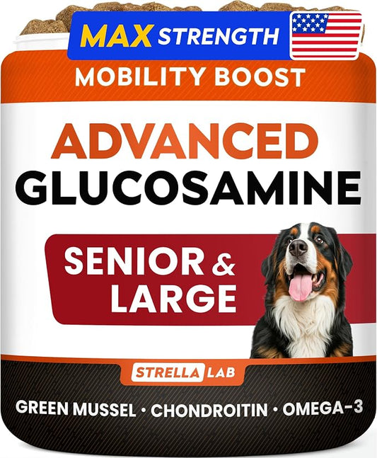 Senior Advanced Glucosamine Joint Supplement for Dogs - Green Lipped Mussel & Collagen - Large Breeds - Hip & Joint Health - Bacon Flavor - 120 Chews