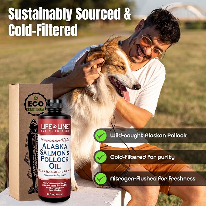 Lifeline Wild Alaskan Salmon Pollock | Omega-3 DHA & EPA Supplement for Dogs & Cats | Cold-Filtered Fish Oil for Brain, Eye & Heart Health | Moisture Replenishment for Pets | 26 oz