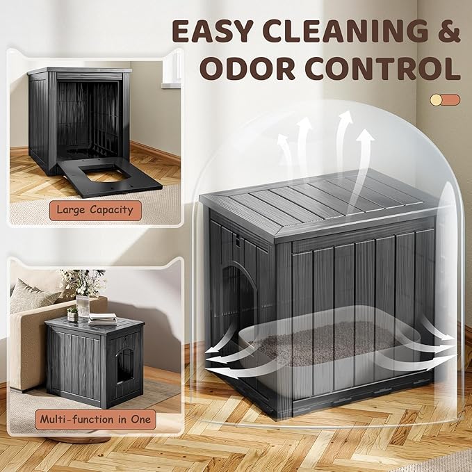 NUNU LAB Hidden Cat Litter Box Enclosure Furniture, Weatherproof Litter Box Side Table with Openable Front Door, Odor-Free & Easy Clean Cat House Cabinet for Indoor Bedroom & Outdoor Patio, Black