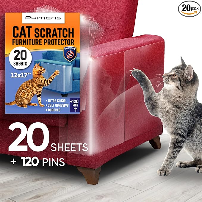 Heavy Duty Cat Scratch Deterrent Furniture Protectors for Sofa, Doors, Clear Couch Protectors from Cats Scratching, Anti Cat Scratch Tape Guards (Clear, 20 Sheets 17x12)