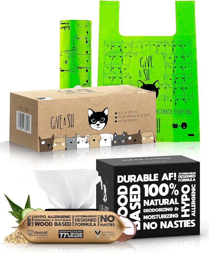 60 XL Compostable Cat Litter Bags and 100 Plant-Based Pet Wipes – Champion Animal Welfare & The Planet