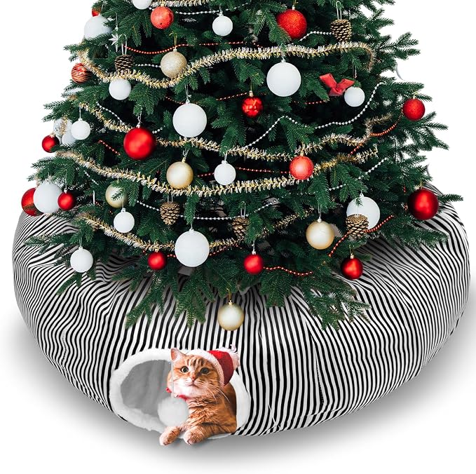 Soulchen Black and White Cat Tunnel Bed Under Christmas Tree 3ft x 3ft x 9.8in Detachable Donut Tunnel Sandworm 3-in-1 Indoor Cats Cave for Kitty Rabbit Ferret Puppy(Striped Black)
