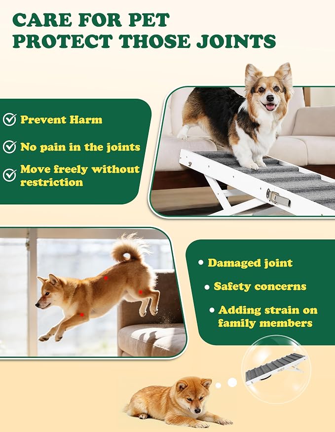 Dog Ramp Dog Stairs for Large Dogs Foldable Dog Ramp with 5 Adjustable Heights from 13.98'' to 27.56" Wood Pet Ramp with Non Slip Carpet Portable Puppy Ramp for Couch, Sofa, Bed, Car (White)