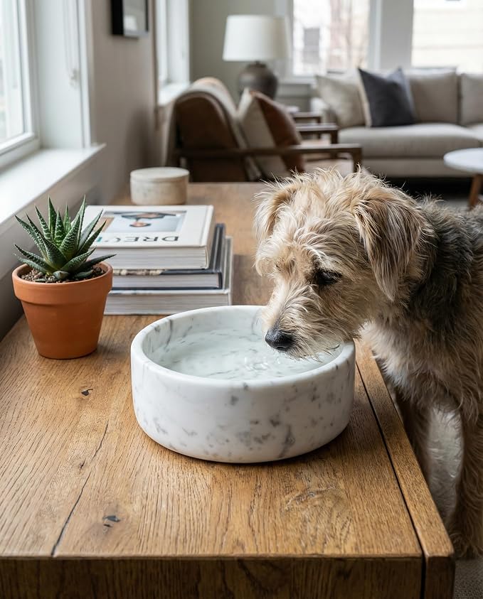 OOBOOB Natural Marble Dog Bowls, Non-Slip Heavyweight Dog Food Bowl and Dog Water Bowl for Dogs and Cats, Minimalist Design with Unique Veining, 32 Oz Capacity for Small to Medium Pets