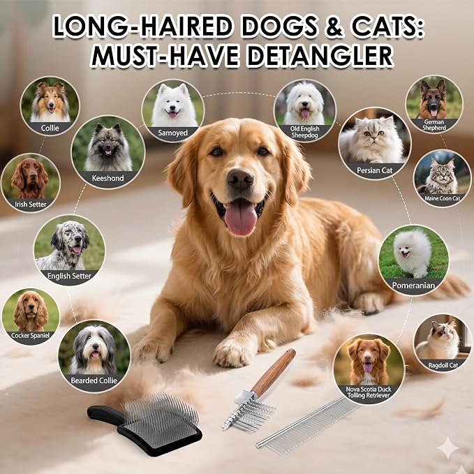 Large Slicker Brush for Dogs - Long Pin Deshedding Brush for Mats & Shedding on Long Haired Dogs, Doodles, Poodles, Goldendoodle, Labradoodle, 3pc Grooming Kits with Wooden Handle, Black
