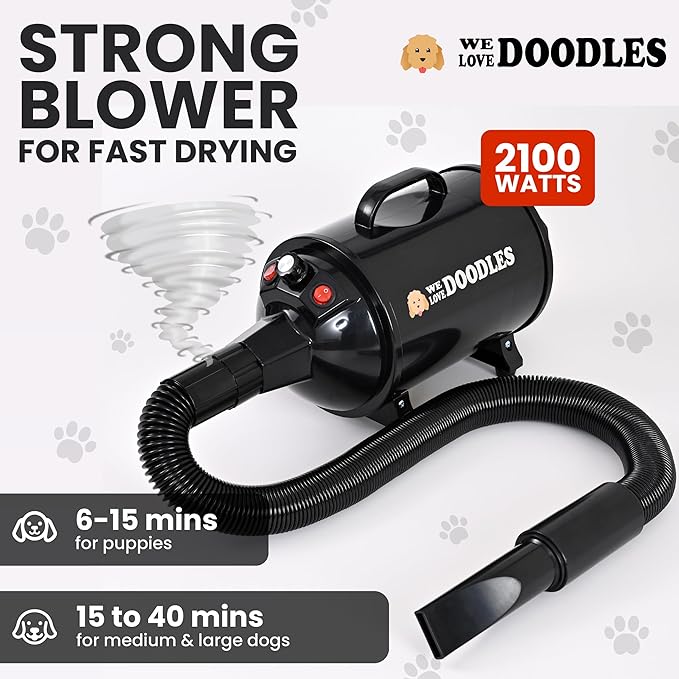 We Love Doodles Dog Dryer with Adjustable Speed & Temperature Control - High Velocity Hair Dryer for Dogs, Dry Quickly & Blow Undercoat Grooming (Black)