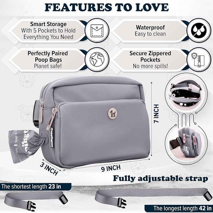Puppington 3-in-1 Crossbody & Dog Treat Pouch for Pet Training - Matching Compostable Poop Bags, Built-In Poop Bag Dispenser & Slow-Feeding Travel Dog Bowl - Dog Walking Bag (Charcoal Gray)