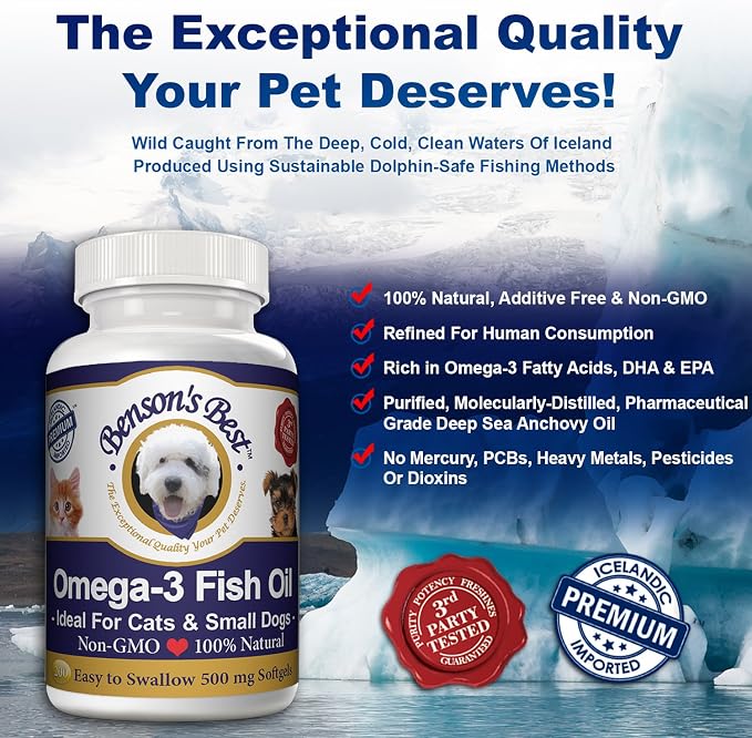 Benson's Best Omega 3 Fish Oil for Cats & Small Dogs - 200 Softgels 500mg - 43% More Omega 3 Fatty Acids Than Salmon Oil - 100% Pure, Non-GMO, Natural Pet Food Supplements