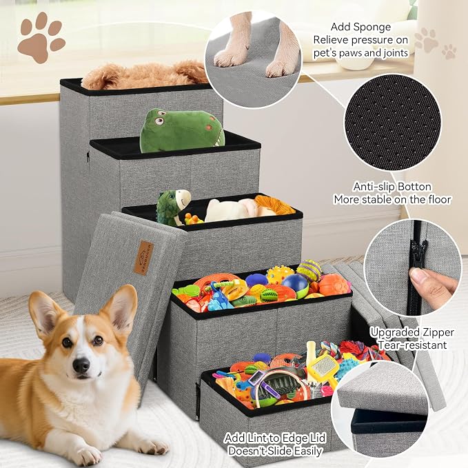 Zerbuger Dog Stairs for High Beds, Folding Pet Stairs Gift for Dogs Puppy with Storage for Bed Couch, Cat Dog Ramp Hold Up to 200 lbs (Gray, 5 Steps No Condo(49" D x 17" W x 26" H))