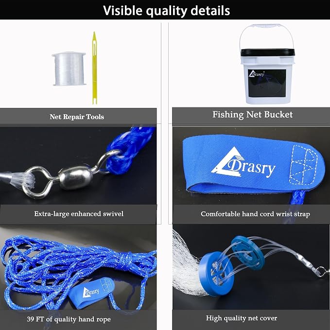 Drasry Saltwater Fishing Cast Net for Bait 3/8 1/4 or 1/2 with Heavy Sinkers Fish Trap Throw Net. Size 3ft/4ft/5ft/6ft/7ft/8ft/9ft/10ft Radius Freshwater Nets