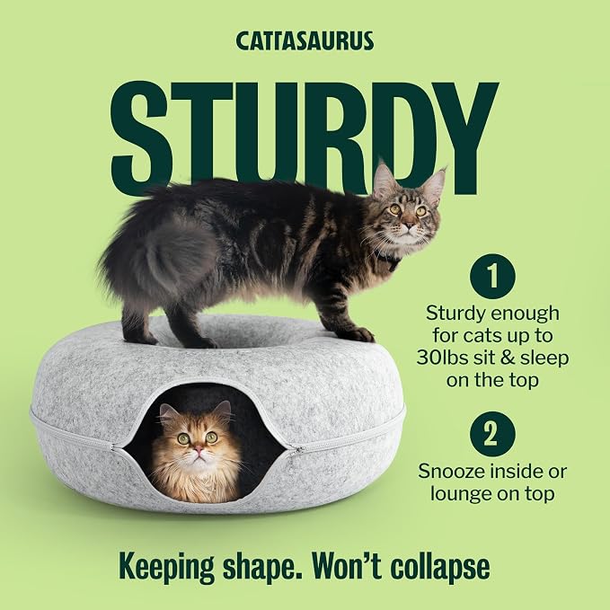 Cattasaurus Peekaboo Cat Cave Donut for Multiple & Large Cats up to 30-45 lbs, 3-in-1 Self Warming Cat Bed, Tunnel & Scratcher for Indoor Cats, Washable & Detachable Small Dog Bed (Light Gray, Jumbo)