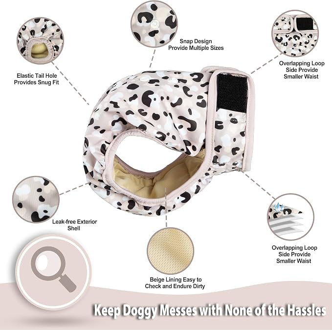 Langsprit Washable Female Dog Diapers - Doggie Reusable Diapers for Doggy Puppy Female in Period - Highly Absorbent Dog Heat Panties Leopard XXL