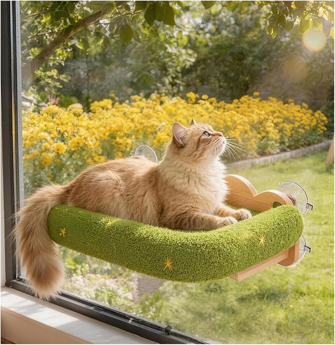 Cat Window Perch, Window cat Bed,Soft Cushion with Five Powerful Suction Cups,Nature Indoor Pet Shelf,Green