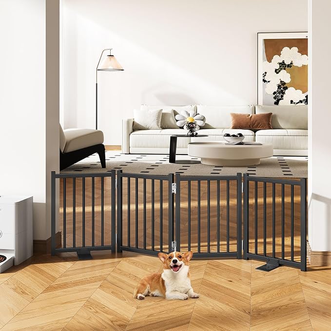Snughome Short Dog Gate Indoor, 16" High Freestanding Small Dog Door Gate with Support Feet, Expands Up to 48’’ Wide Foldable Pet Gates for Doorway, 4 Panel Folding Pet Door Pet Fence for Puppy, Black