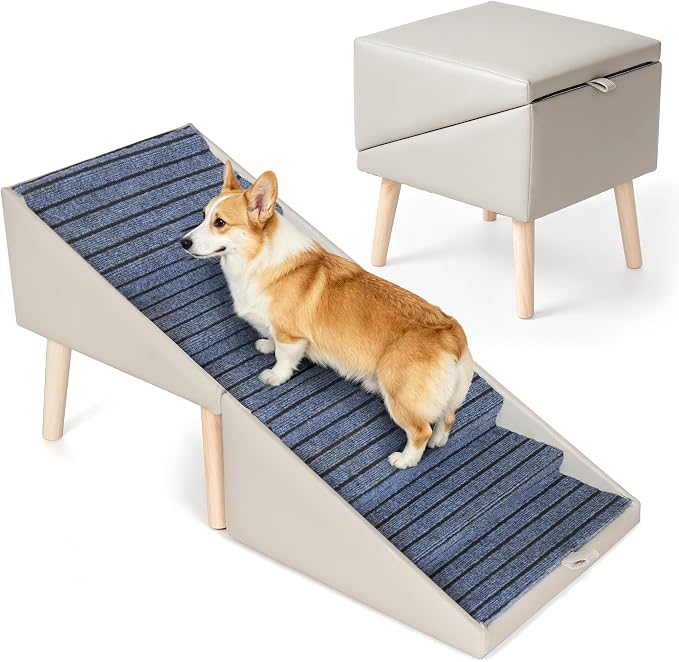 22" 6-Step Dog Ramp for High Bed, 2-in-1 Foldable Pet Steps & Ottoman | Non-Slip Joint Support, Wooden Dog Stairs for Couch,Space Saving for Small to Large Dogs, Puppies & Seniors
