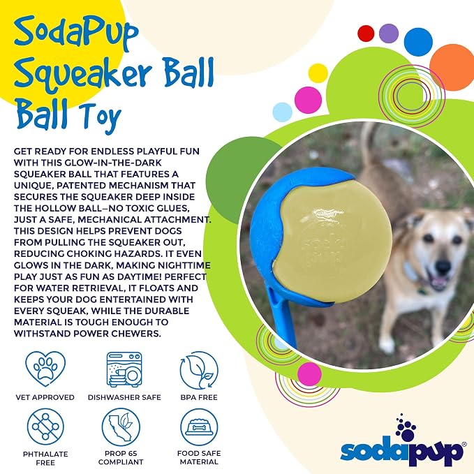 SodaPup Squeaker Ball – Durable Dog Ball Toy, Chew Toy & Floating Retrieving Toy with Squeaker Made in USA from Non-Toxic, Pet-Safe, Food Safe Rubber Material for Bonding, Physical Exercise, & More