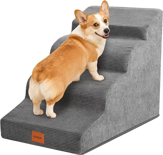 Dog Stairs for Small Dogs and Cats, 19.7" H, 4-Step Curved Pet Ramp for Beds or Couches, Non-Slip Medium Pet Steps with High Density Foam, Grey