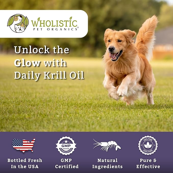 Wholistic Pet Organics Krill Oil for Dogs and Cats - Premium Antioxidant Support for Pets - Cat and Dog Skin and Coat Supplement with EPA, DHA, Astaxanthin - Omega 3 for Dogs and Cats - 60 Soft Gels