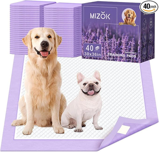 MIZOK Dog Pee Pads 30x36in, Pee Pads for Dogs XL Lavender Scented Odor Eliminating Super Absorbent Up to 10 Cups with 6-Layer Leak-Proof Quick-Dry Purple (40 Counts)