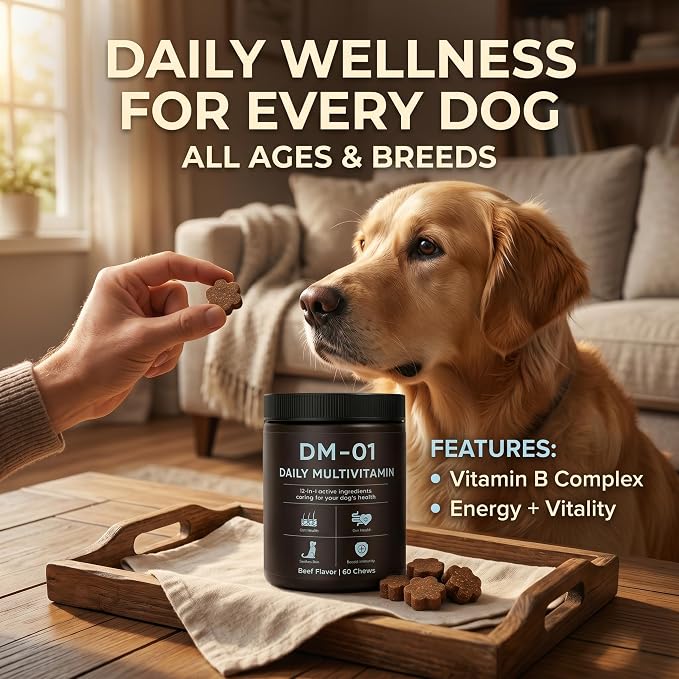 DM-01 Daily Multivitamin, Multivitamin Itch Relief Chews for Dog, with Folic Acid, Salmon Oil, Chondroitin & Natural Vitamins, Skin and Coat Healthy, Digestive & Boost Immunity, 60 Chews (Beef)