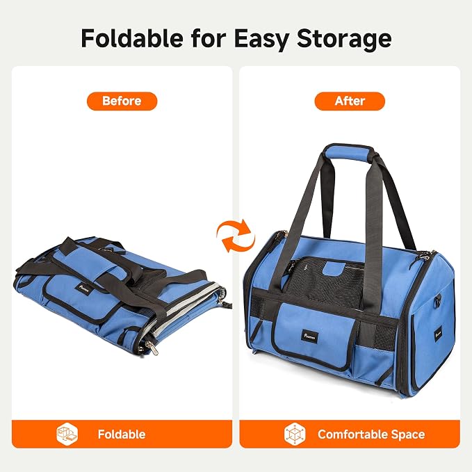 Soft-Sided Travel Cat Carrier with Safety Buckles, Lockable Zippers & Safety Tether, Escape-Proof Collapsible Pet Carrier for Car Rides & Vet Visits, Airline Approved Underseat, Up to 12lbs