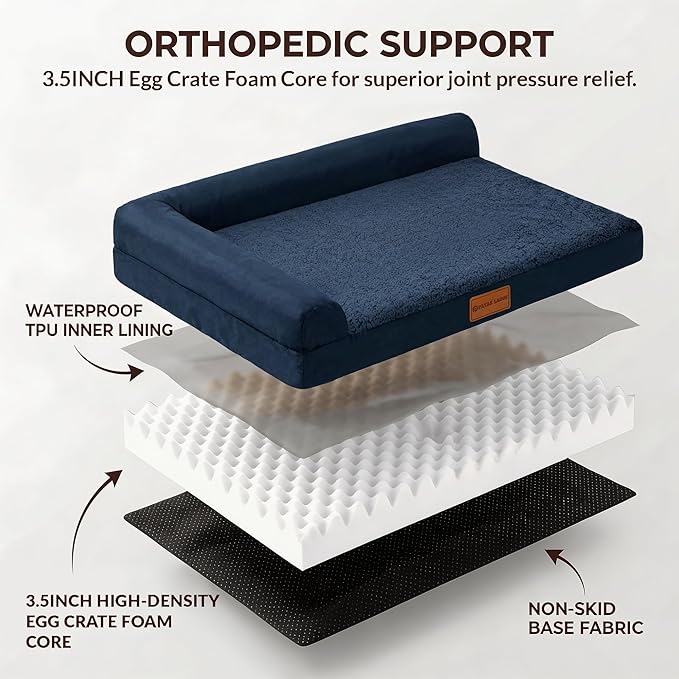 Patas Lague Orthopedic Dog Bed Large Sized Dog 36''X24'', Waterproof L Bolster Medium Pet Sofa Beds with Removable Washable Cover, Soft Pet Couch Crate Mat with Nonskid Bottom, Navy Blue